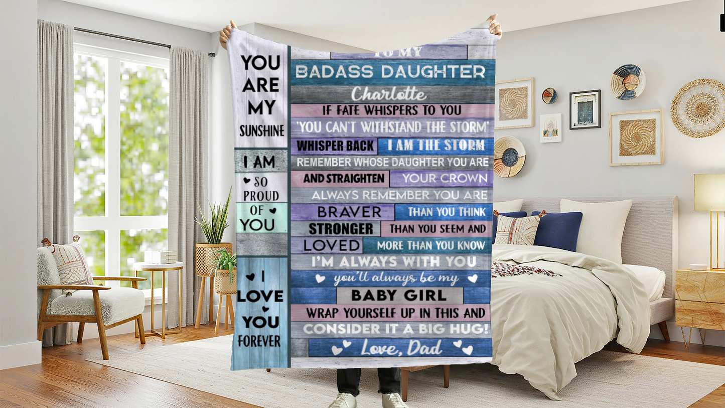 Personalized Daughter Blanket From Dad, Custom Daughter Blanket – Gift from Mom or Dad, Badass Daughter Gift
