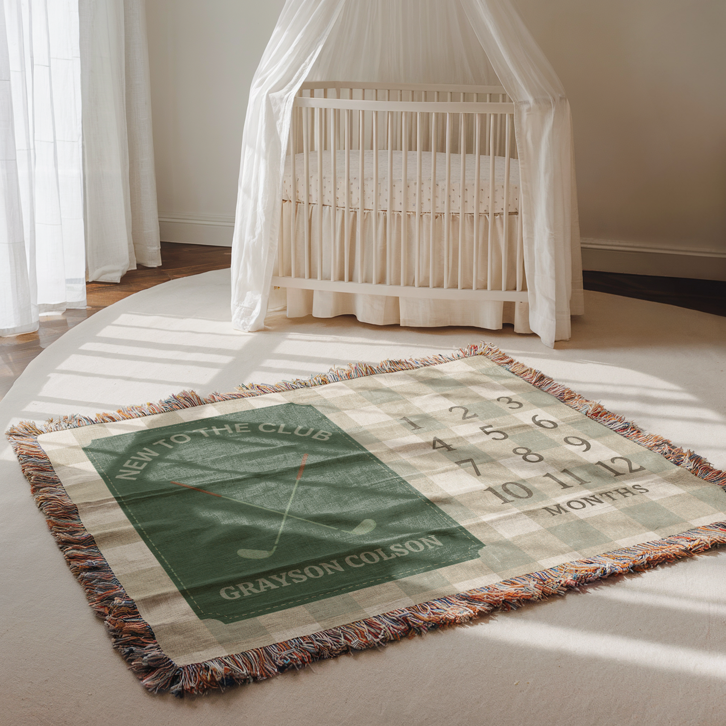 Personalized Golf Milestone Blanket – Custom Name Woven Baby Blanket New to the Club Sage Gingham Nursery Decor