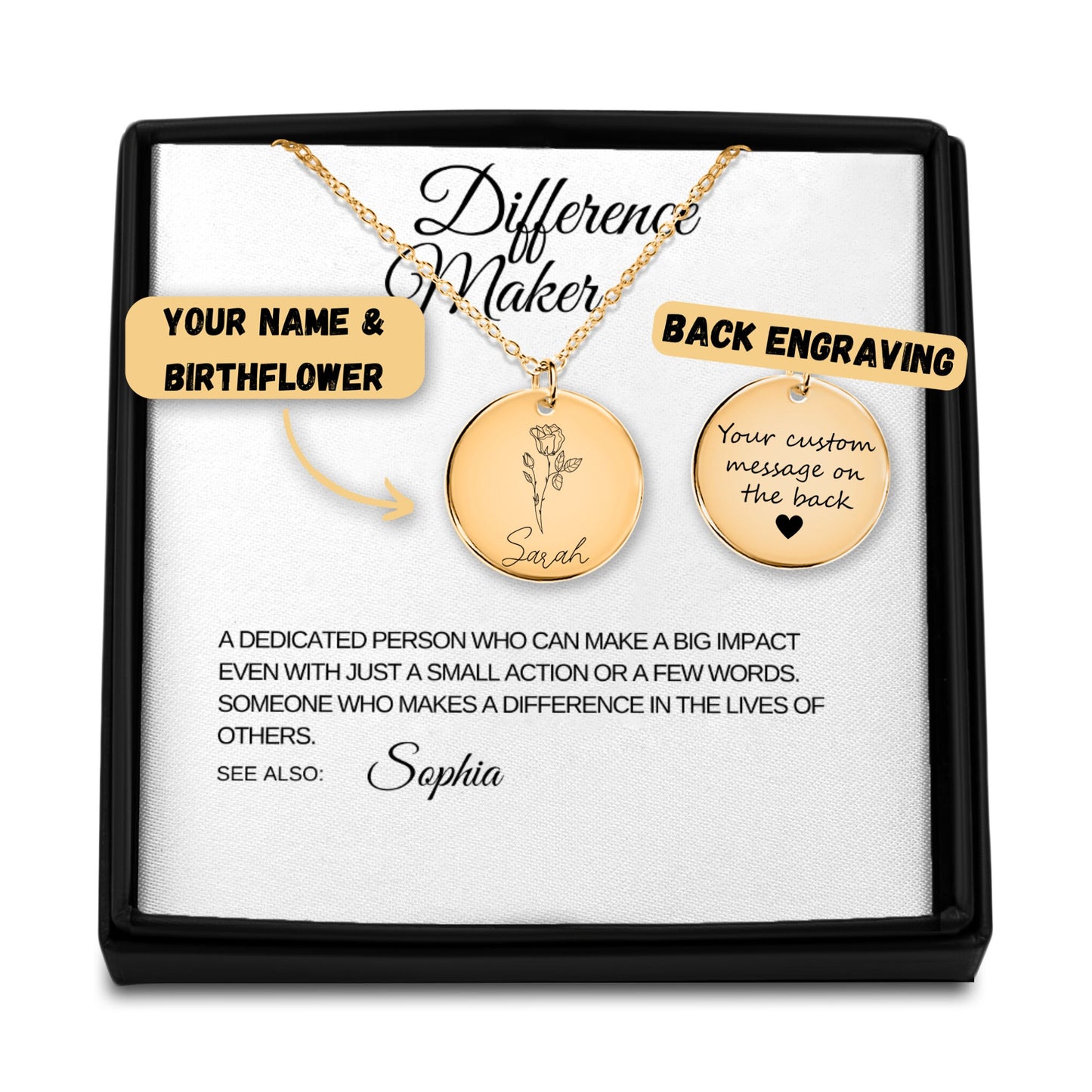 name & birth flower necklace difference maker white card with black font