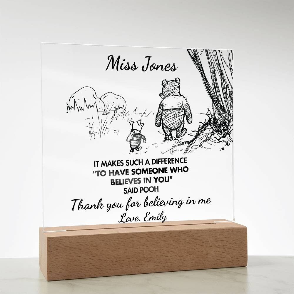 Personalized Teacher Gift Plaque with Solid Wooden Oak Stand - Thank You Gift with Winnie the Pooh Quote - Best Teacher Appreciation Present