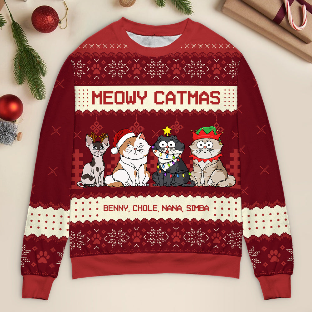 Meowy Catmas Funny Cartoon Cats - Christmas Gift For Cat Lovers, Cat Moms, Cat Dads - Personalized Unisex Ugly Sweater