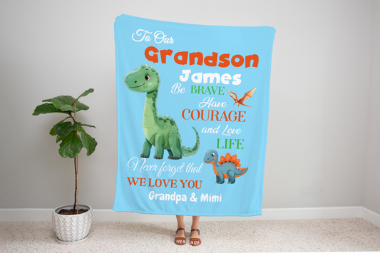 Personalized Dinosaur Blanket for Grandson, Blanket Gift from Grandma and Grandpa, Gift For Boys