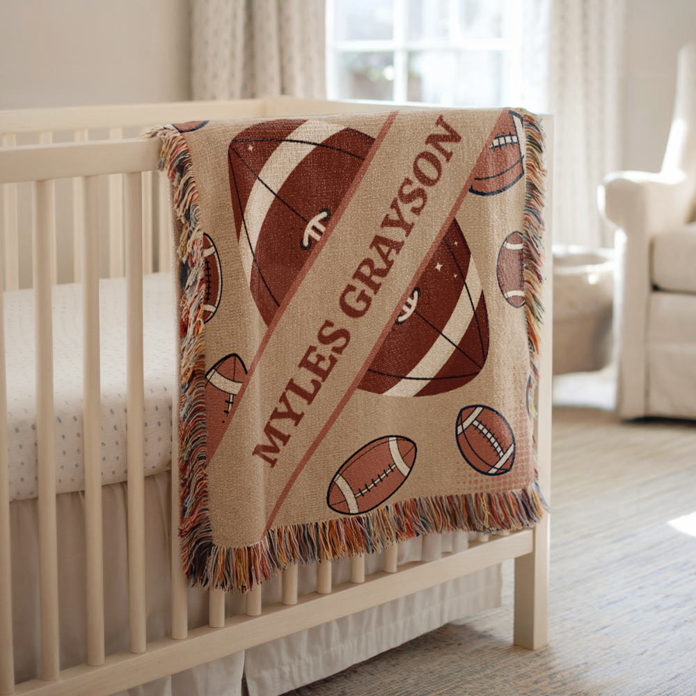 Personalized Football Woven Throw Blanket | Custom Nursery Baby Gift