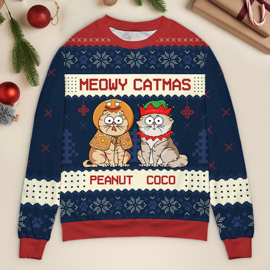 Meowy Catmas Funny Cartoon Cats - Christmas Gift For Cat Lovers, Cat Moms, Cat Dads - Personalized Unisex Ugly Sweater