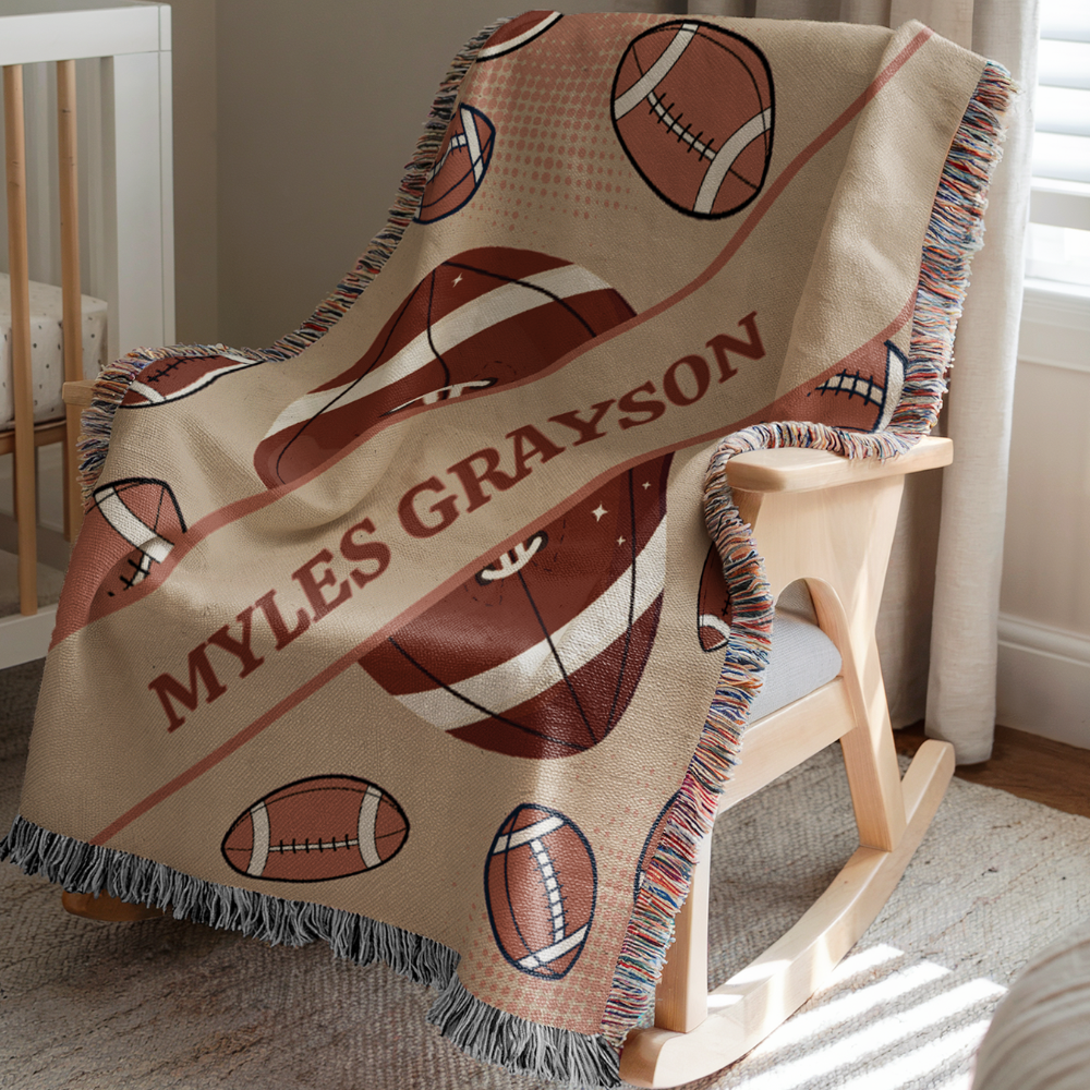 Personalized Football Woven Throw Blanket | Custom Nursery Baby Gift