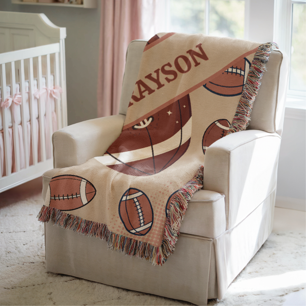 Personalized Football Woven Throw Blanket | Custom Nursery Baby Gift