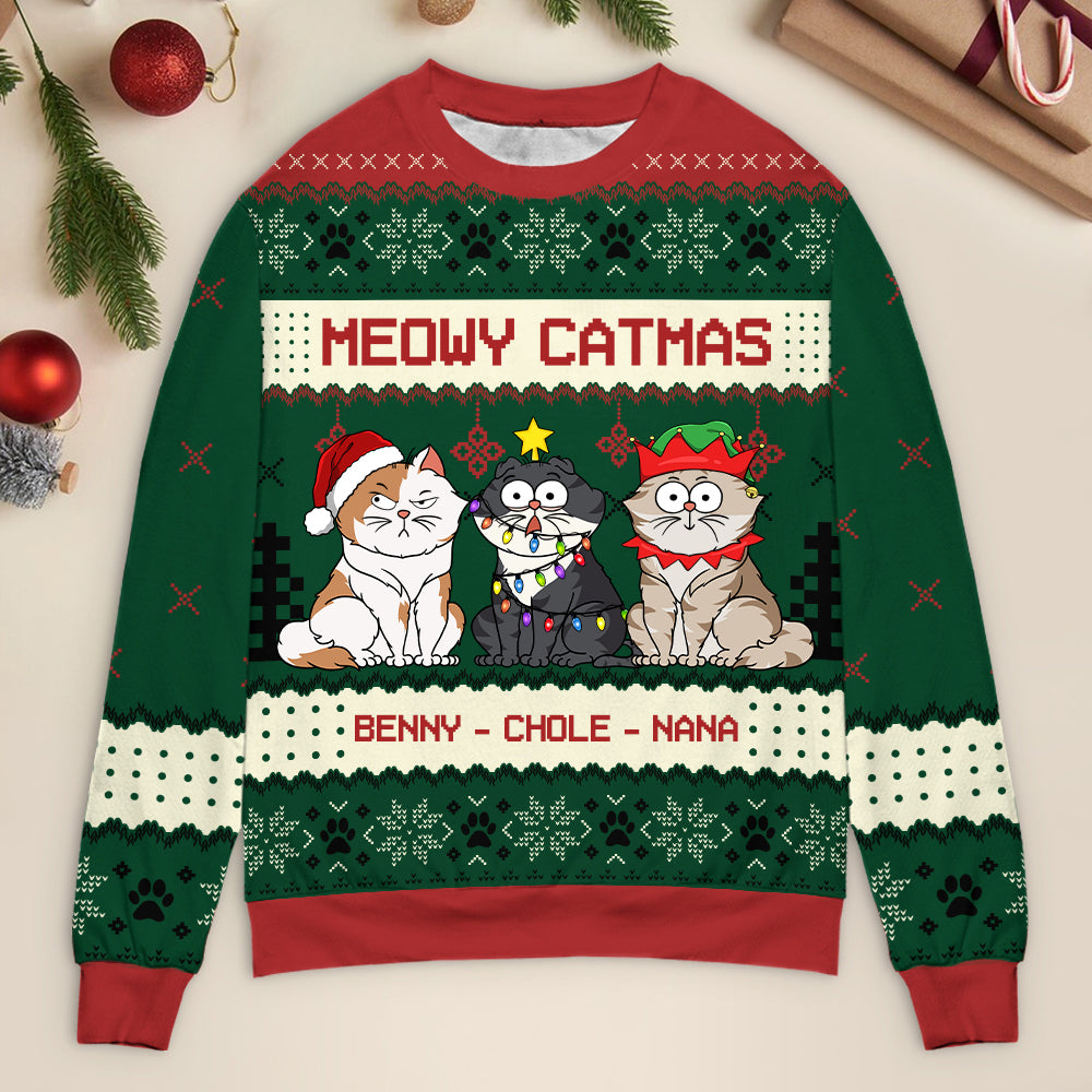 Meowy Catmas Funny Cartoon Cats - Christmas Gift For Cat Lovers, Cat Moms, Cat Dads - Personalized Unisex Ugly Sweater