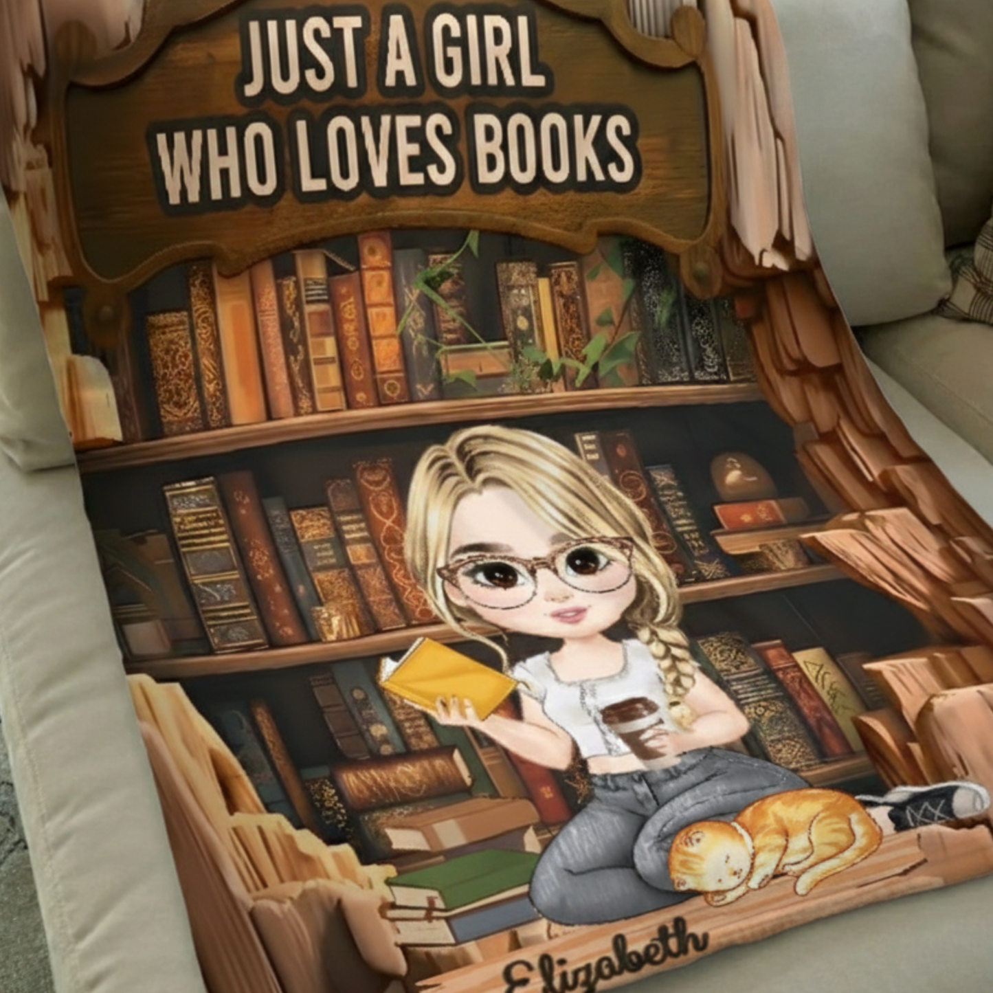 Personalized Book Lover Blanket | Custom Girl Reading Blanket with Name & Character | Bookworm Gift, Librarian, Cozy Reader Throw