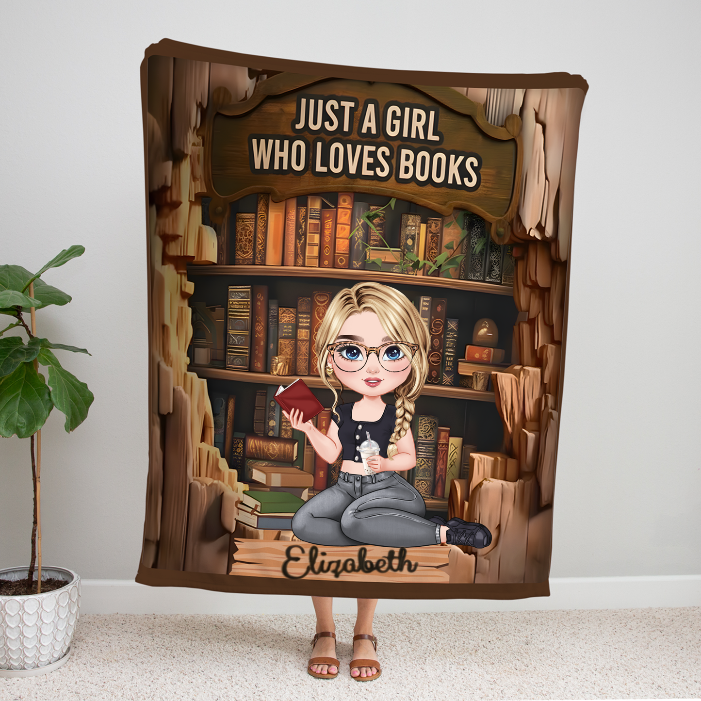Personalized Book Lover Blanket | Custom Girl Reading Blanket with Name & Character | Bookworm Gift, Librarian, Cozy Reader Throw