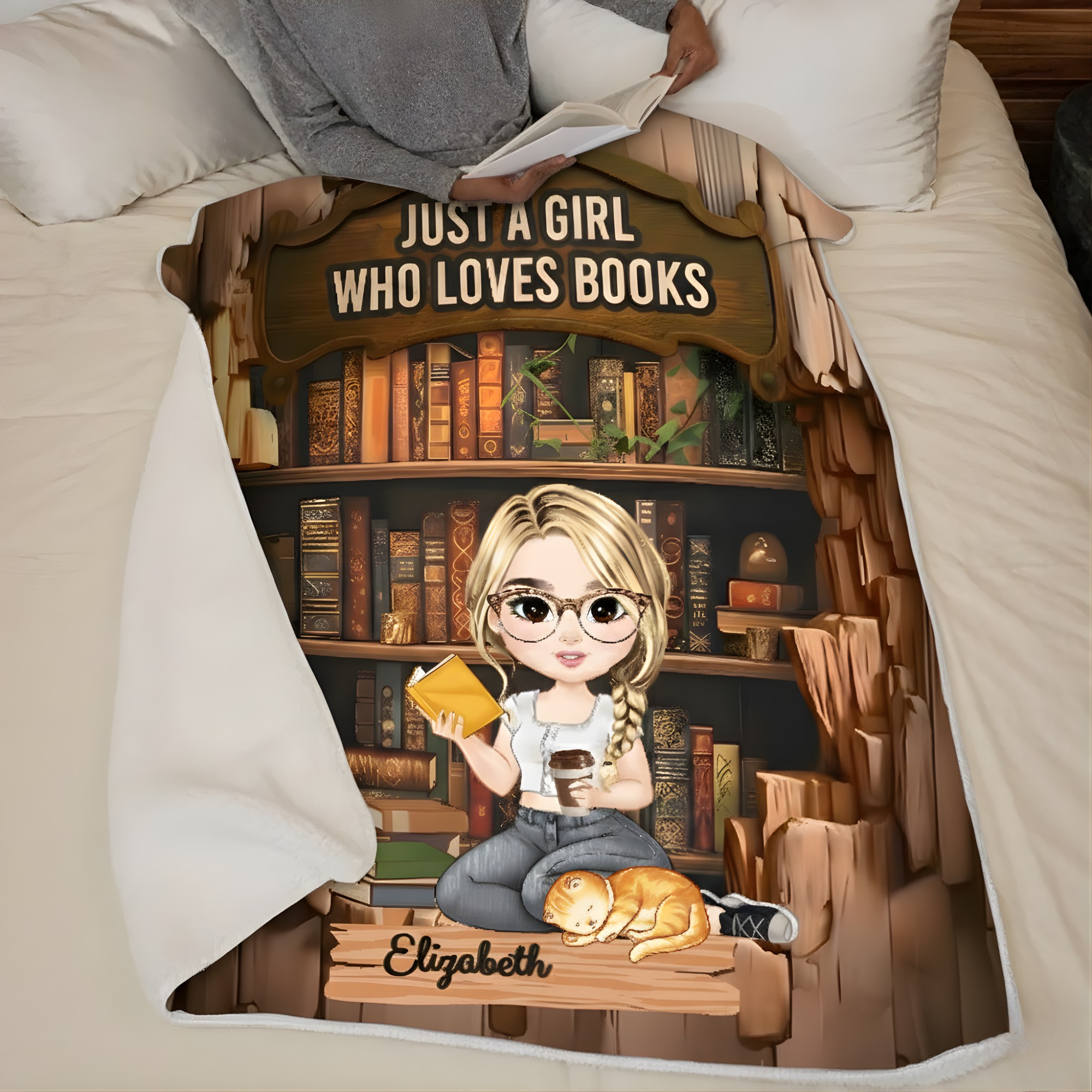 Personalized Book Lover Blanket | Custom Girl Reading Blanket with Name & Character | Bookworm Gift, Librarian, Cozy Reader Throw