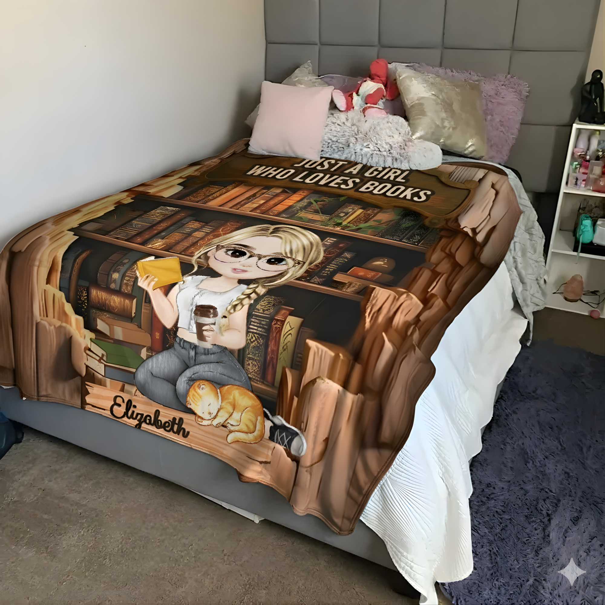 Personalized Book Lover Blanket | Custom Girl Reading Blanket with Name & Character | Bookworm Gift, Librarian, Cozy Reader Throw