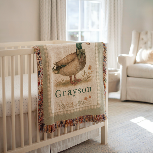 Personalized Mallard Duck Woven Blanket | Custom Name Nursery Keepsake