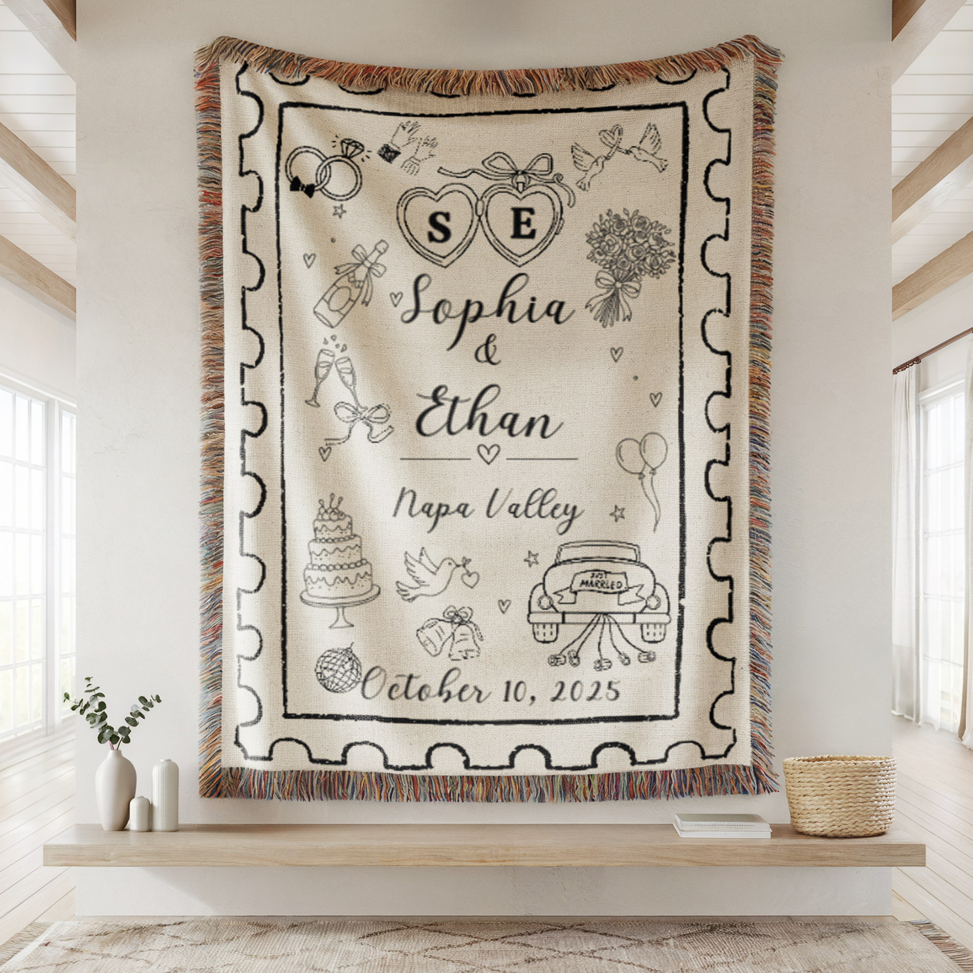 Personalized Wedding Blanket – Custom Names, Date & Location Woven Throw, Bridal Shower Anniversary Gift