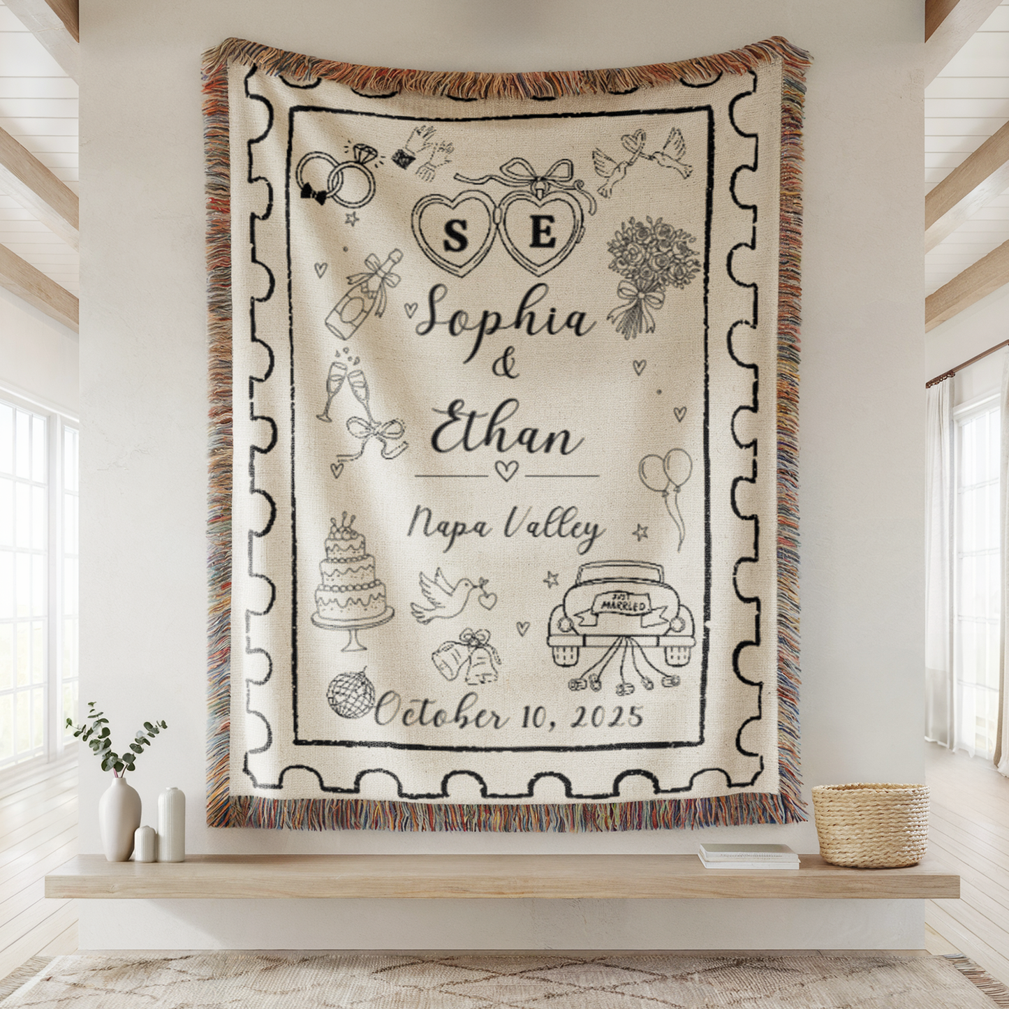 Personalized Wedding Blanket – Custom Names, Date & Location Woven Throw, Bridal Shower Anniversary Gift