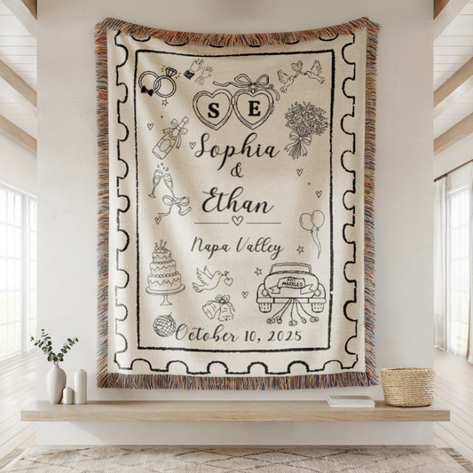 Personalized Wedding Blanket – Custom Names, Date & Location Woven Throw, Bridal Shower Anniversary Gift