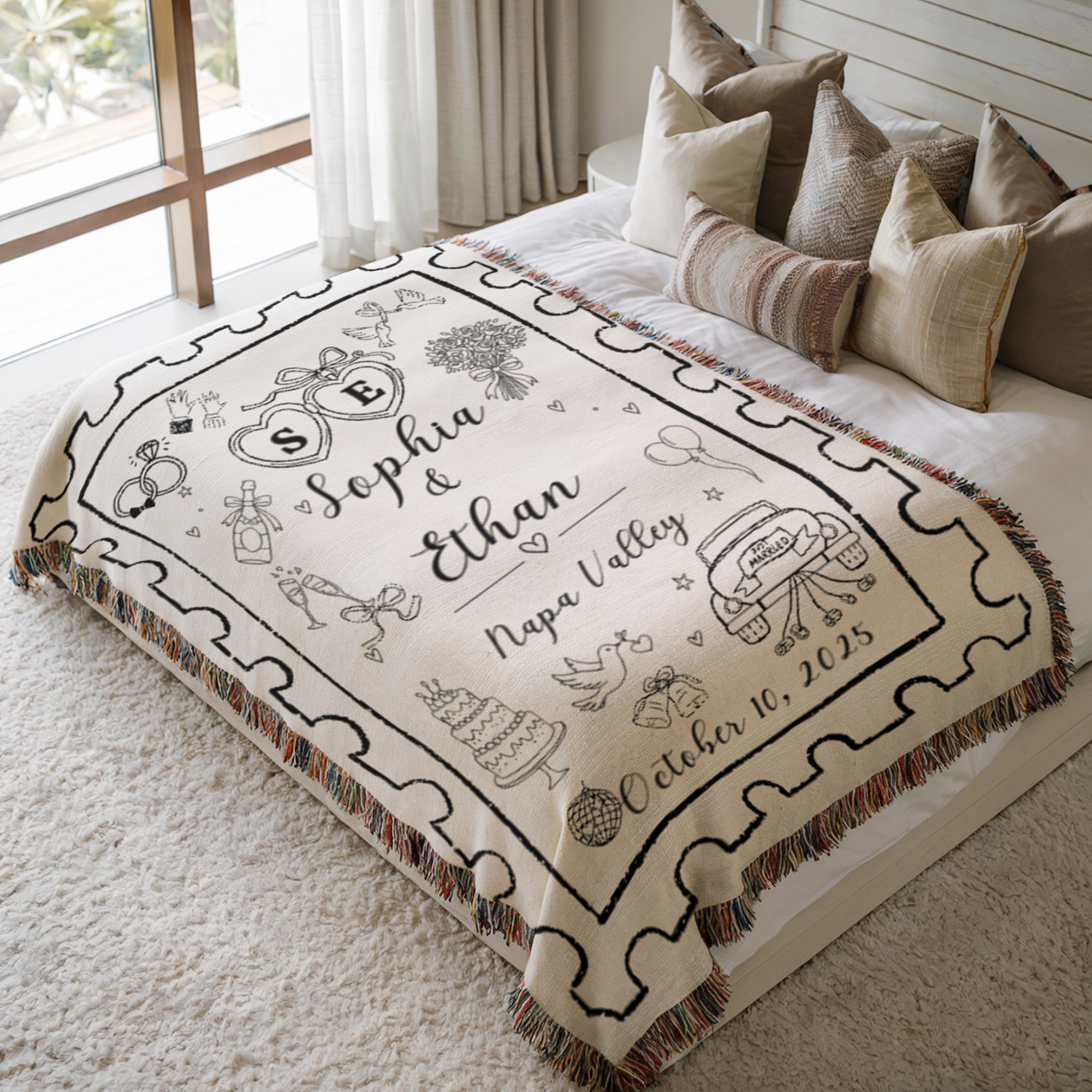 Personalized Wedding Blanket – Custom Names, Date & Location Woven Throw, Bridal Shower Anniversary Gift