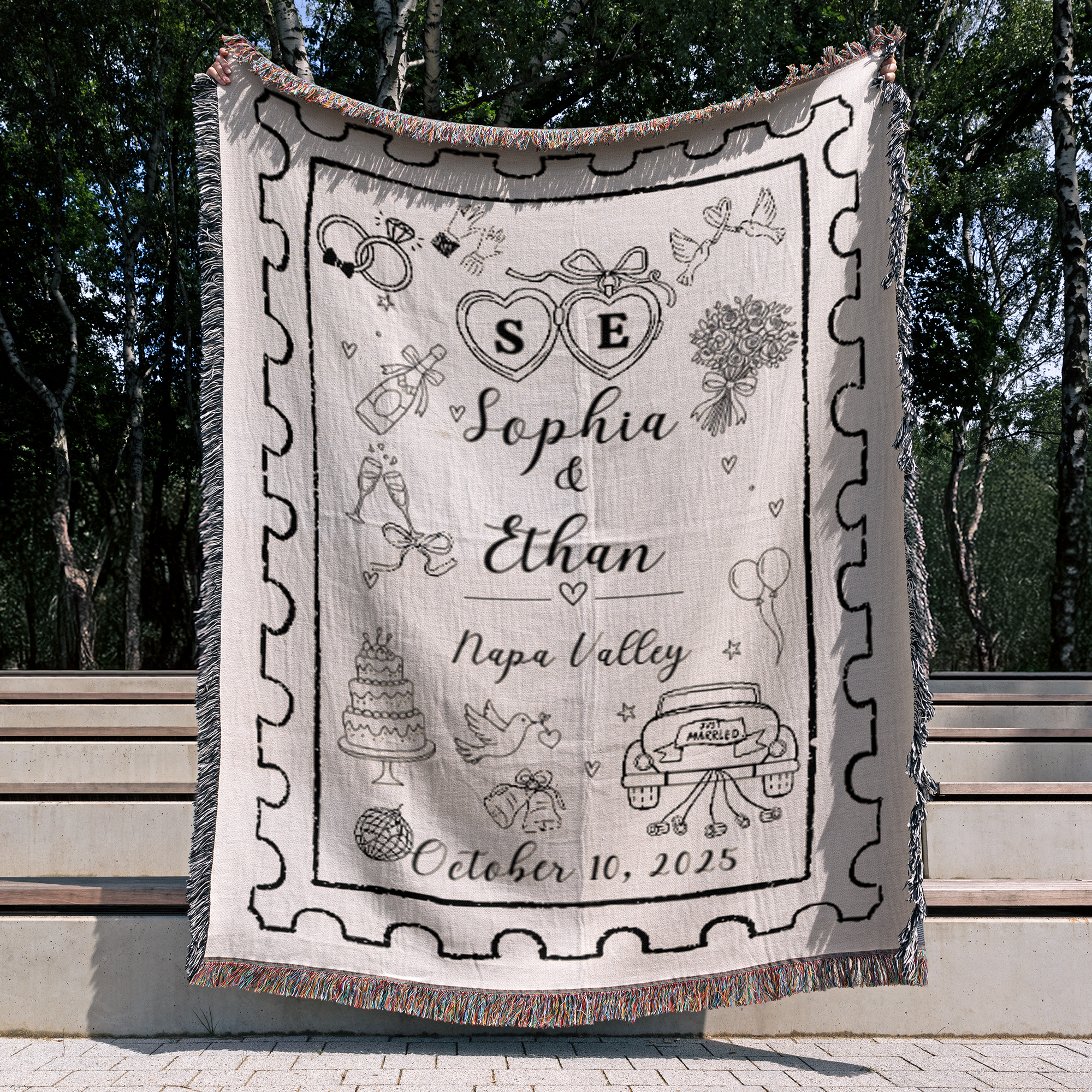 Personalized Wedding Blanket – Custom Names, Date & Location Woven Throw, Bridal Shower Anniversary Gift