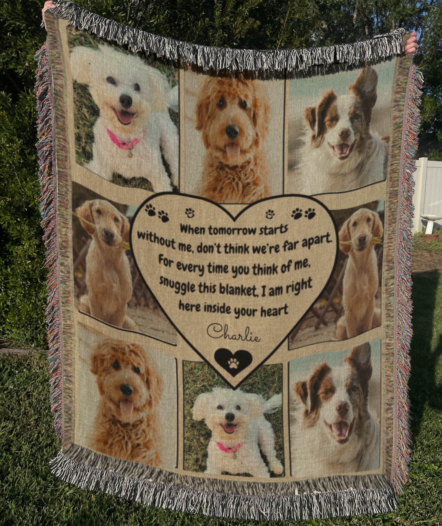 Custom Dog Photo Woven Blanket | Pet Memorial Gift | Personalized Paw Print Blanket