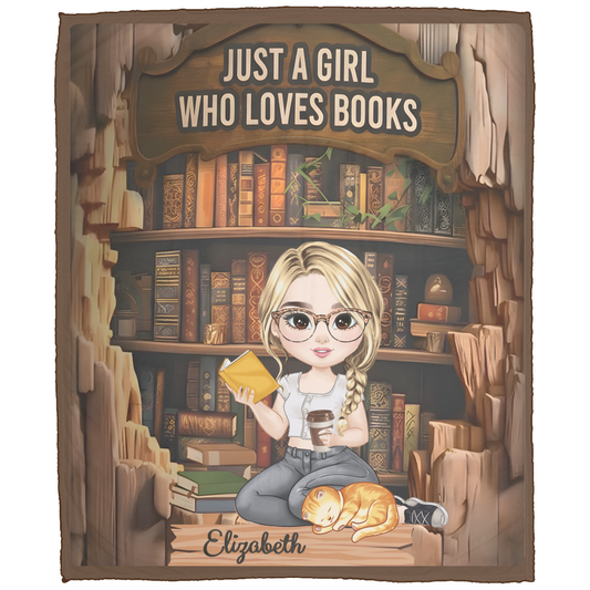 Personalized Book Lover Blanket | Custom Girl Reading Blanket with Name & Character | Bookworm Gift, Librarian, Cozy Reader Throw