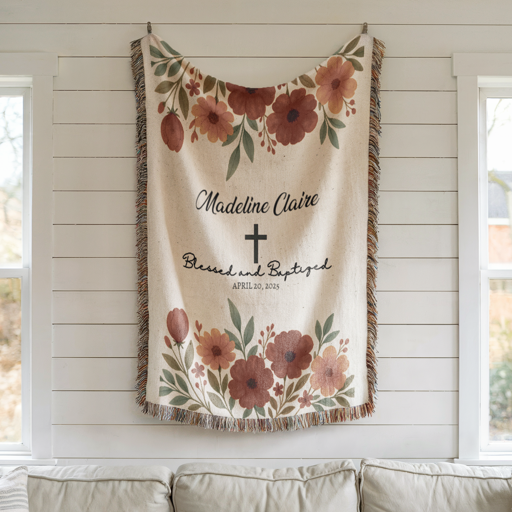 Personalized Floral Baptism Woven Blanket | Custom Christening Keepsake