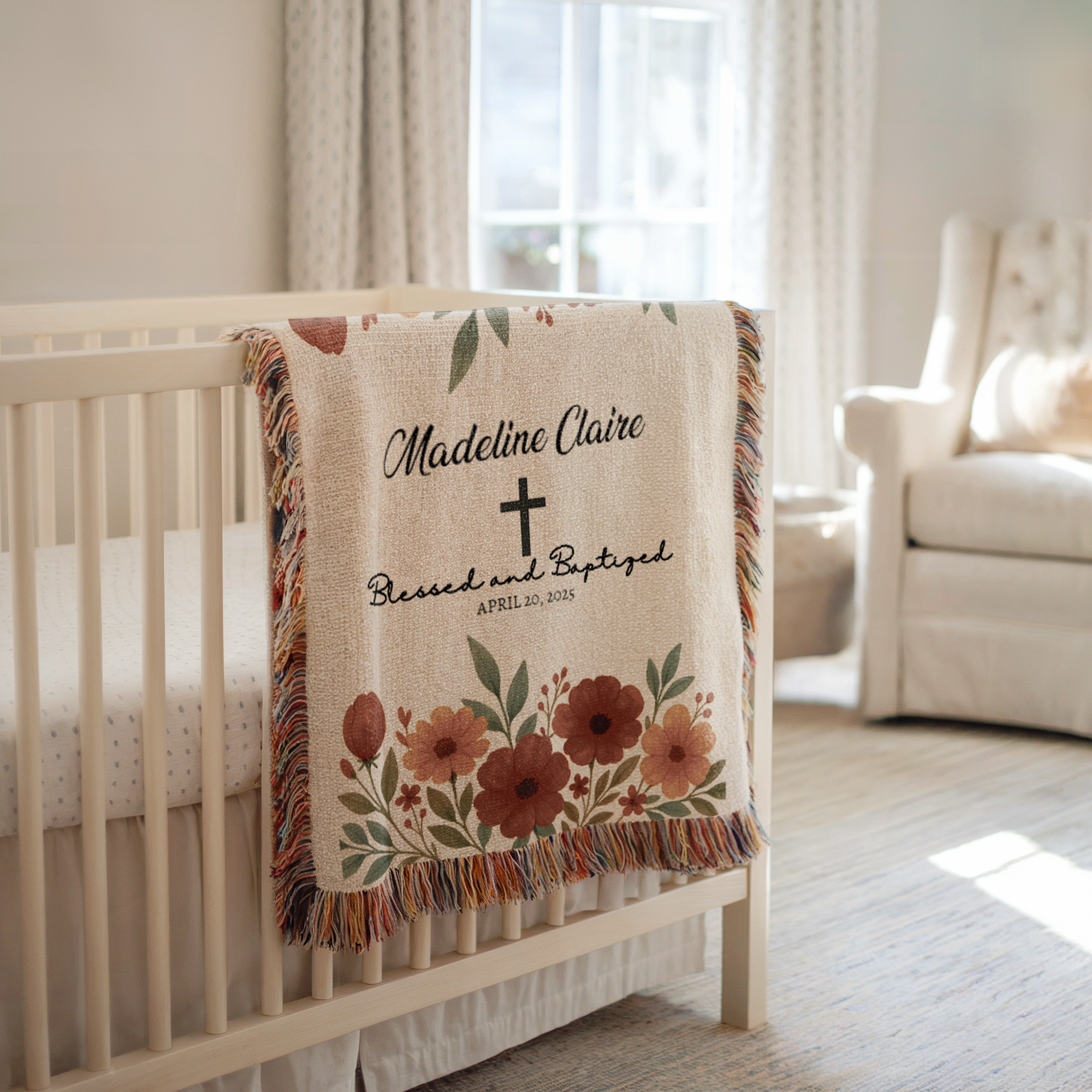 Personalized Floral Baptism Woven Blanket | Custom Christening Keepsake