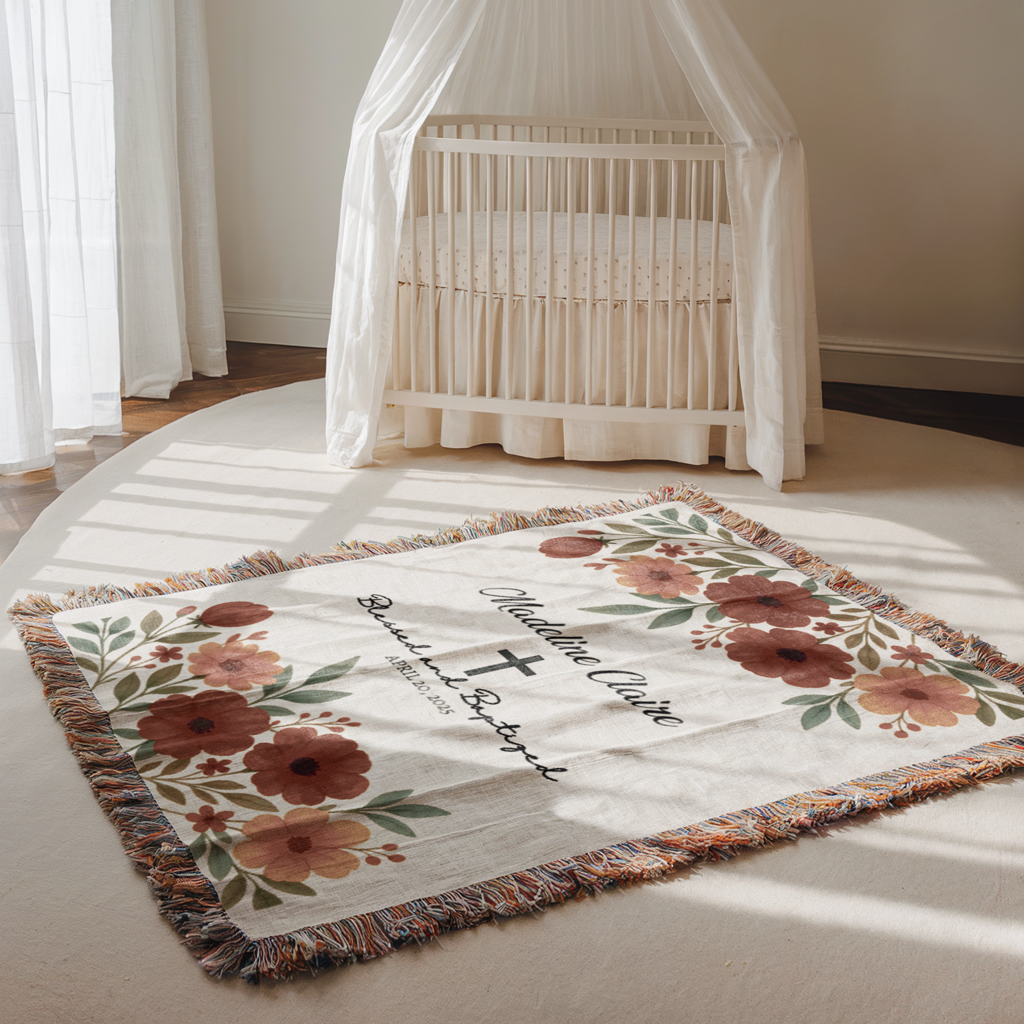 Personalized Floral Baptism Woven Blanket | Custom Christening Keepsake