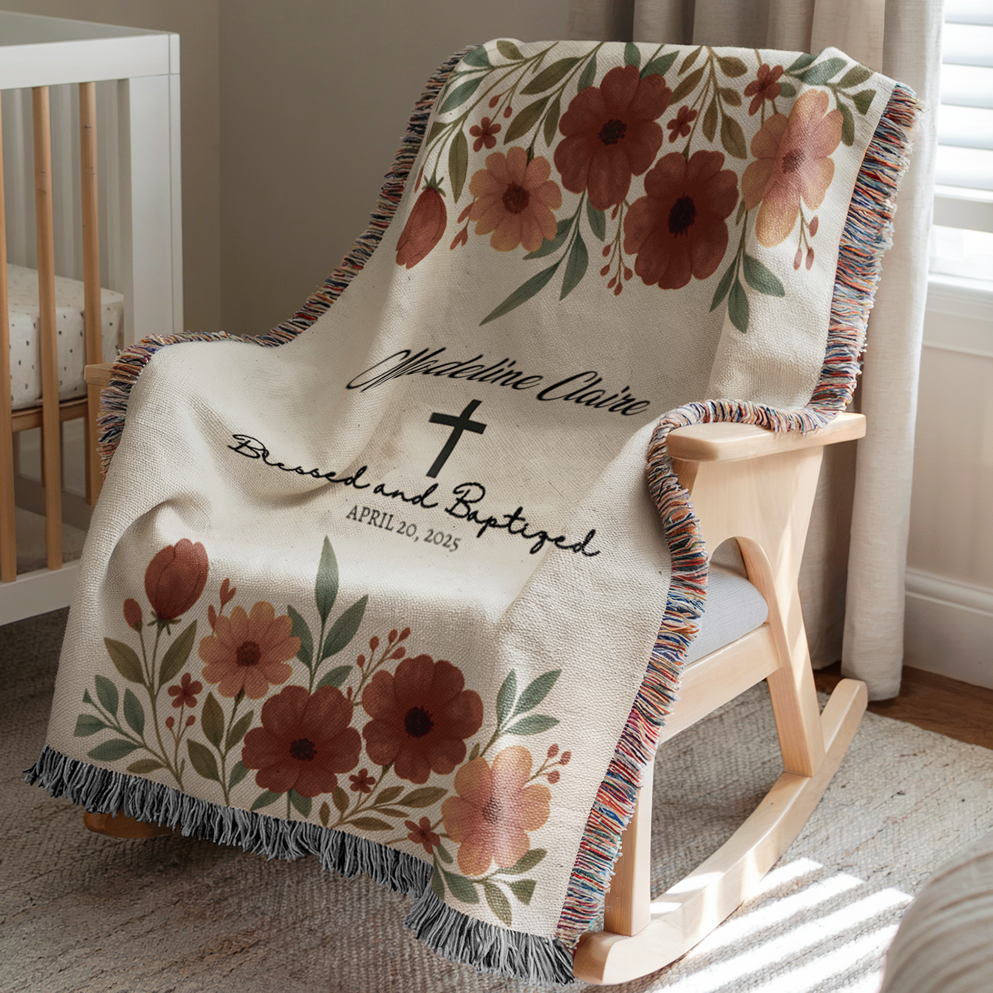 Personalized Floral Baptism Woven Blanket | Custom Christening Keepsake