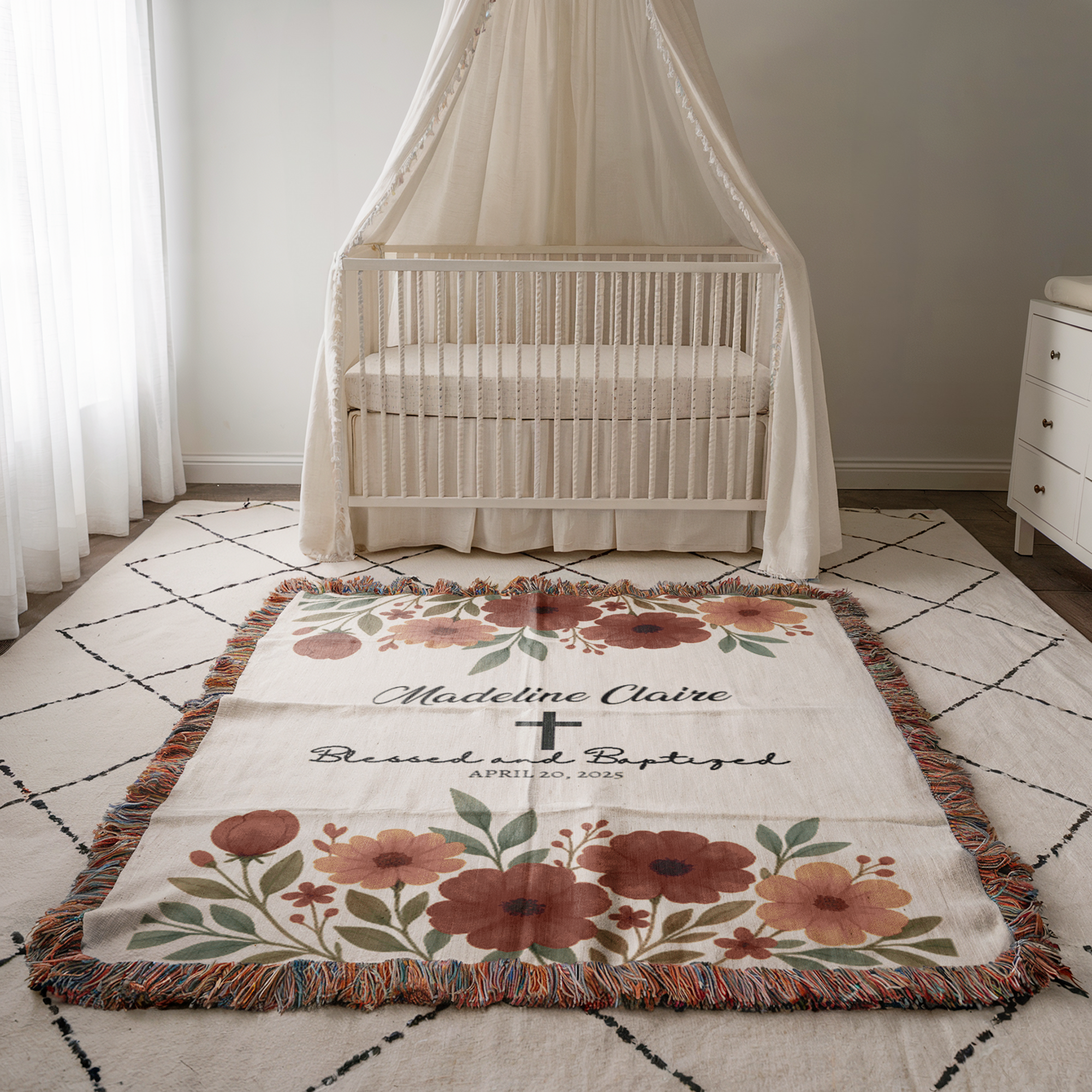 Personalized Floral Baptism Woven Blanket | Custom Christening Keepsake