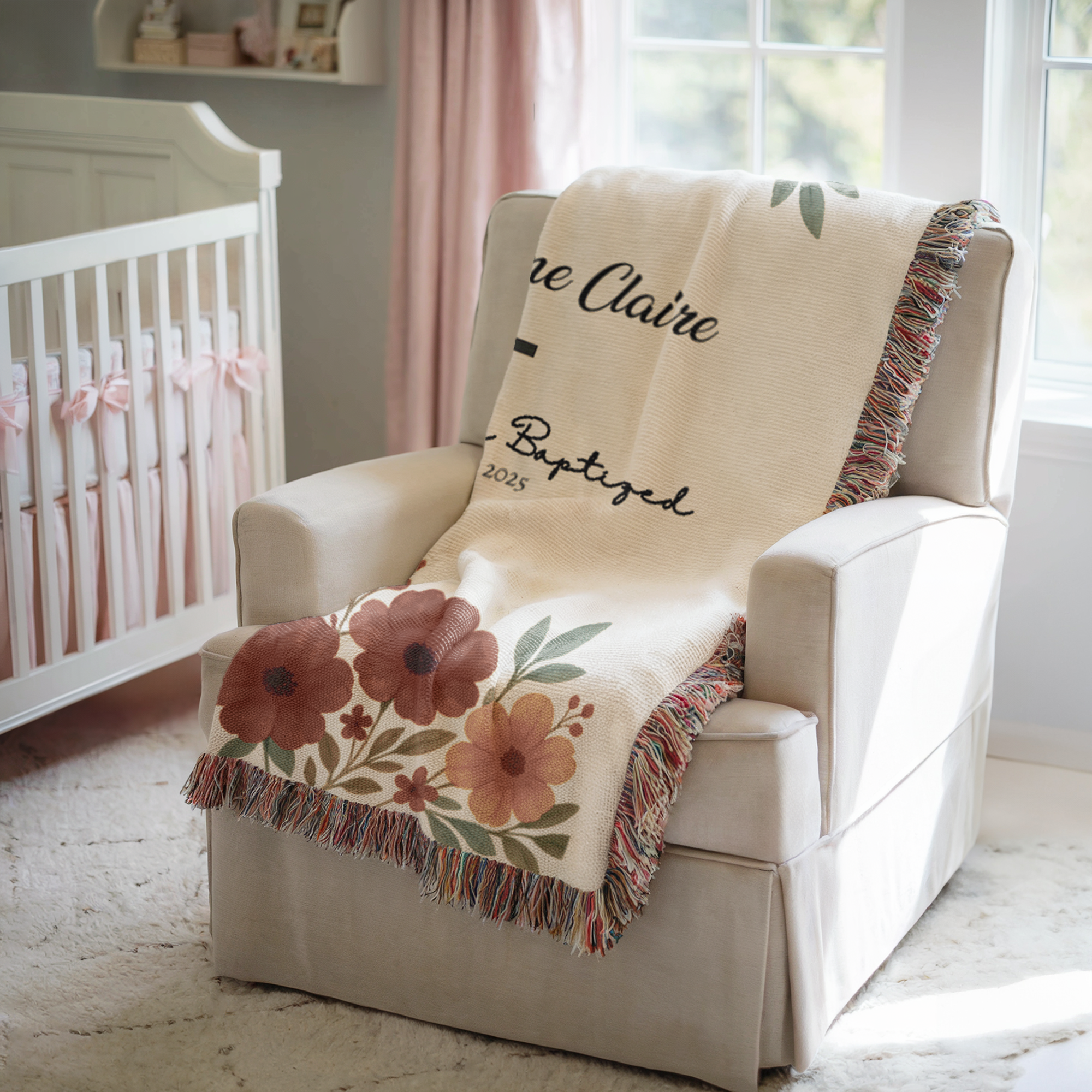 Personalized Floral Baptism Woven Blanket | Custom Christening Keepsake