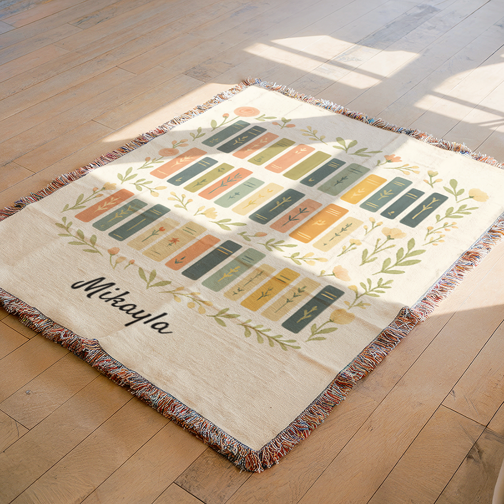 Personalized Book Lovers Blanket | Custom Name Woven Throw | Aesthetic Bookshelf Design | Literary Gift for Her