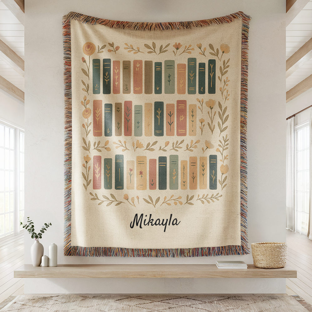 Personalized Book Lovers Blanket | Custom Name Woven Throw | Aesthetic Bookshelf Design | Literary Gift for Her