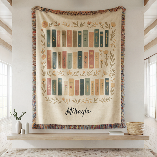 Personalized Book Lovers Blanket | Custom Name Woven Throw | Aesthetic Bookshelf Design | Literary Gift for Her