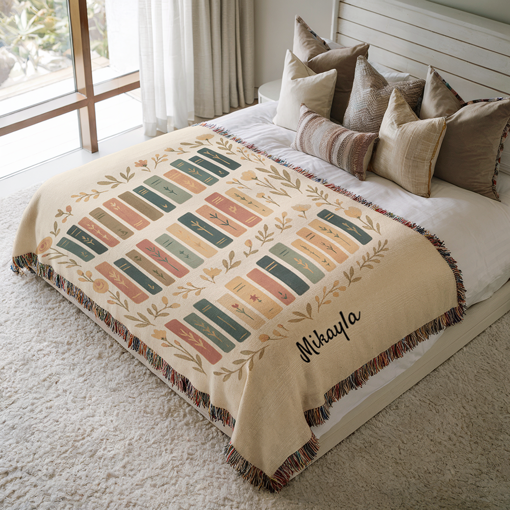 Personalized Book Lovers Blanket | Custom Name Woven Throw | Aesthetic Bookshelf Design | Literary Gift for Her