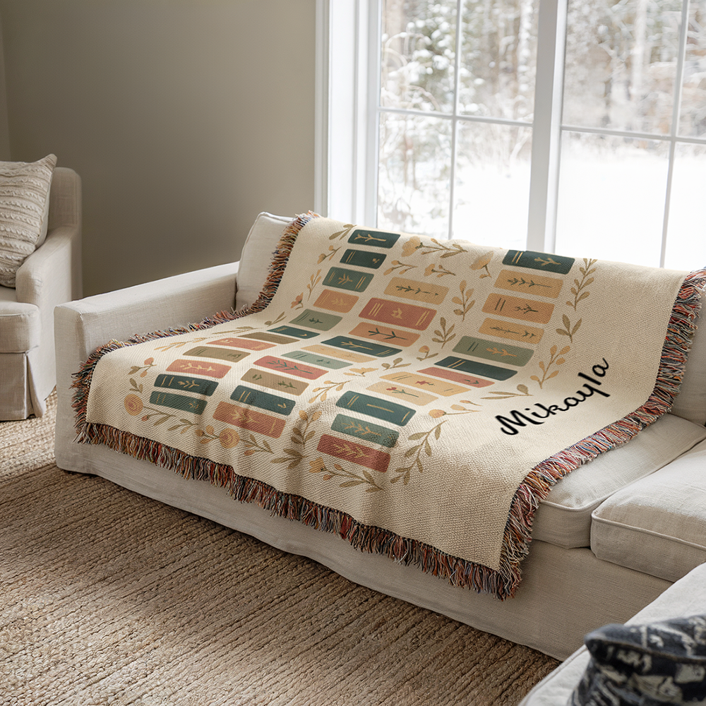 Personalized Book Lovers Blanket | Custom Name Woven Throw | Aesthetic Bookshelf Design | Literary Gift for Her