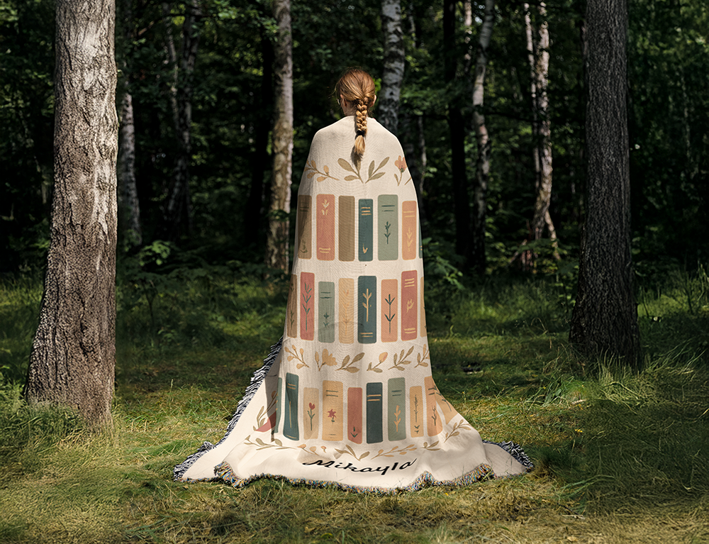 Personalized Book Lovers Blanket | Custom Name Woven Throw | Aesthetic Bookshelf Design | Literary Gift for Her