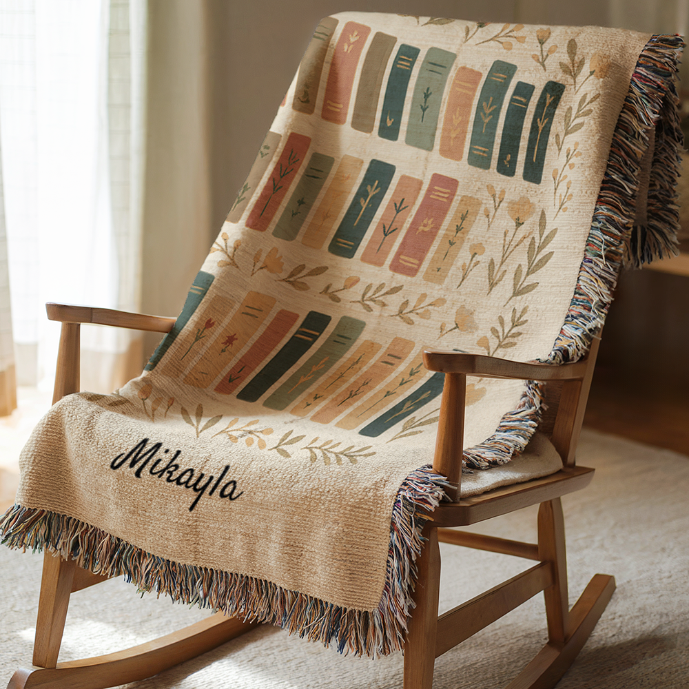 Personalized Book Lovers Blanket | Custom Name Woven Throw | Aesthetic Bookshelf Design | Literary Gift for Her