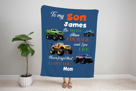 Personalized Monster Trucks Blanket, Birthday Gift for Baby Boys, Custom Gift for Newborn Baby, Baby Boy Bedding Gift, Toddler Boy Blanket