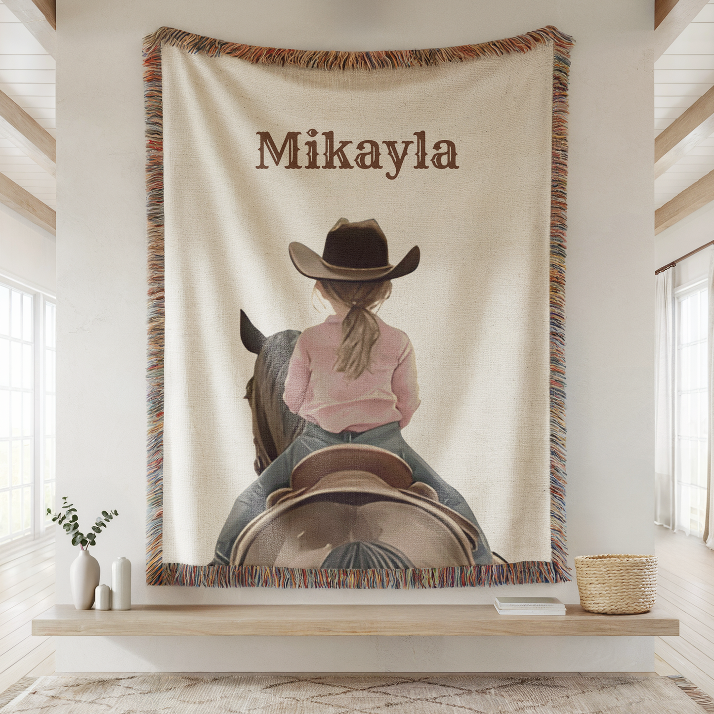 Personalized Cowboy/Cowgirl Woven Blanket – Custom Name Western Horse Nursery Throw, Ranch Kids Gift