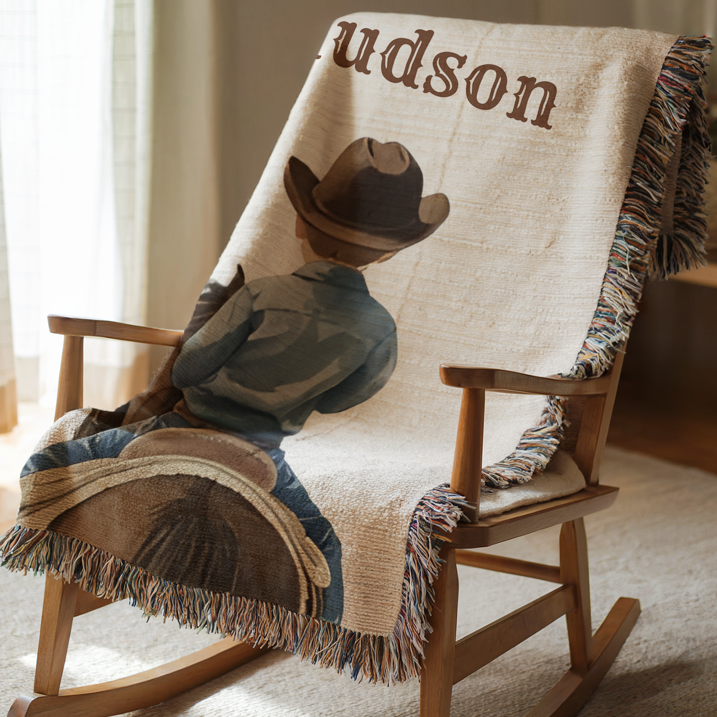 Personalized Cowboy/Cowgirl Woven Blanket – Custom Name Western Horse Nursery Throw, Ranch Kids Gift
