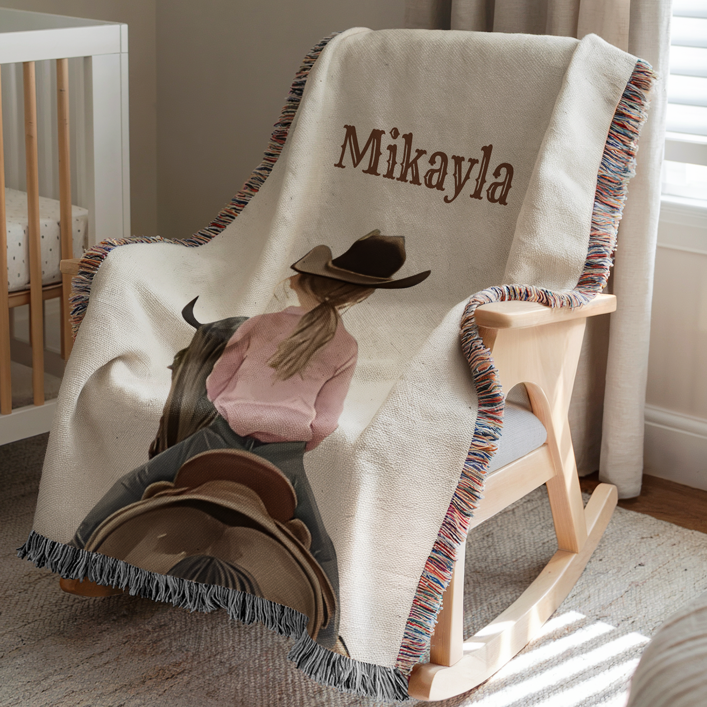Personalized Cowboy/Cowgirl Woven Blanket – Custom Name Western Horse Nursery Throw, Ranch Kids Gift