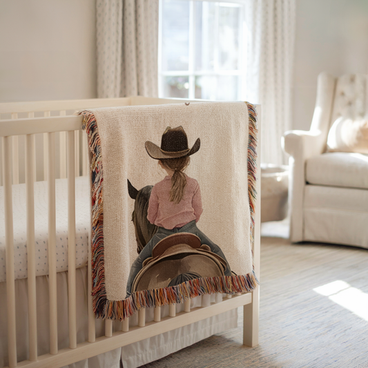 Personalized Cowboy/Cowgirl Woven Blanket – Custom Name Western Horse Nursery Throw, Ranch Kids Gift