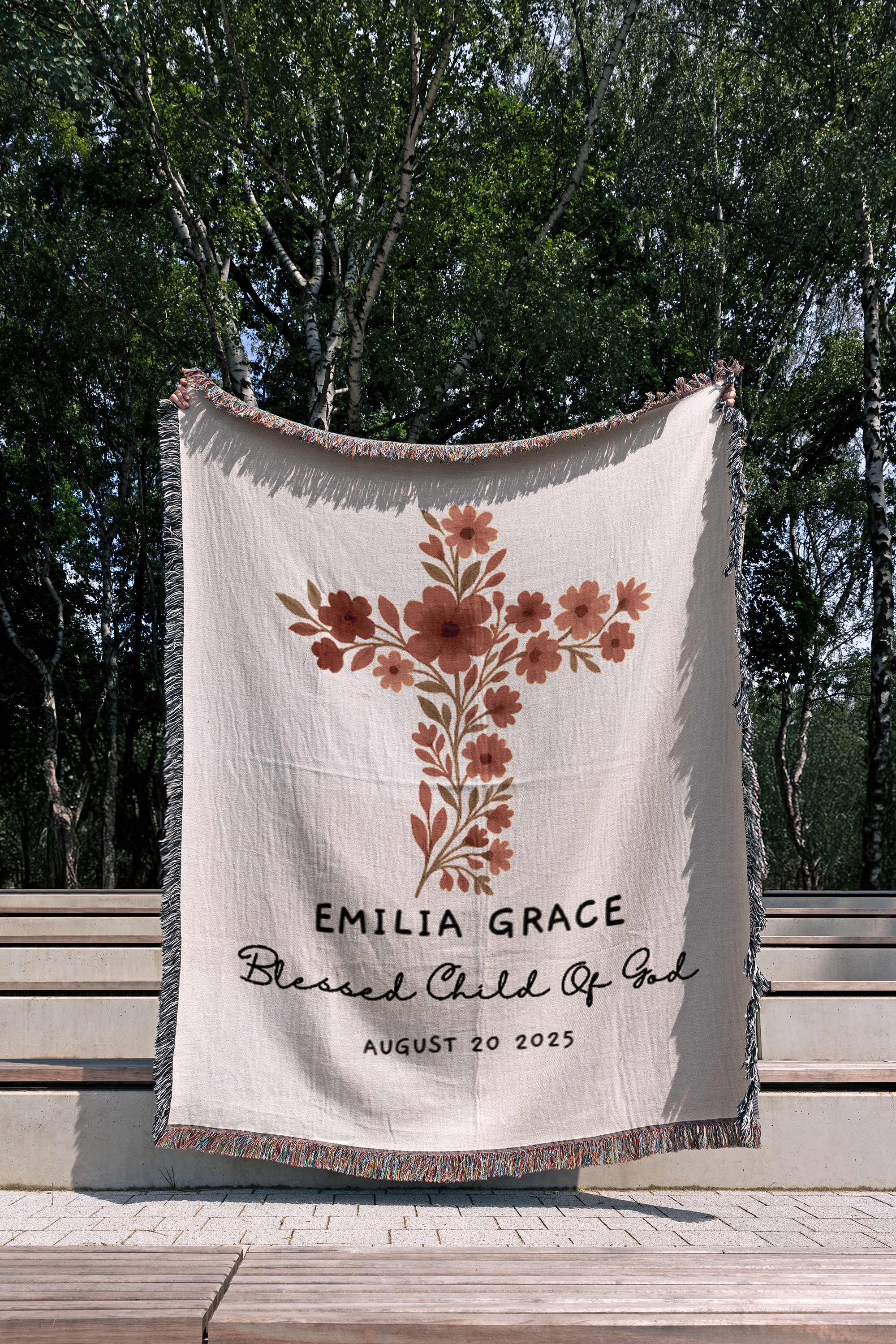 Personalized Baptism Woven Blanket | Custom Cross Floral Baby Keepsake