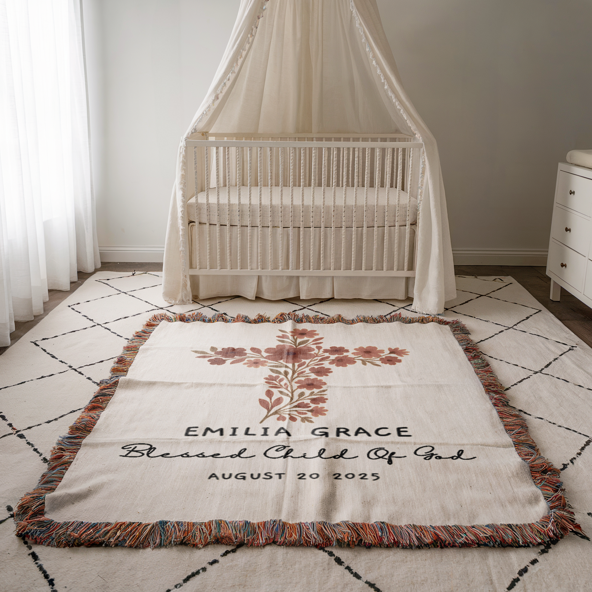 Personalized Baptism Woven Blanket | Custom Cross Floral Baby Keepsake