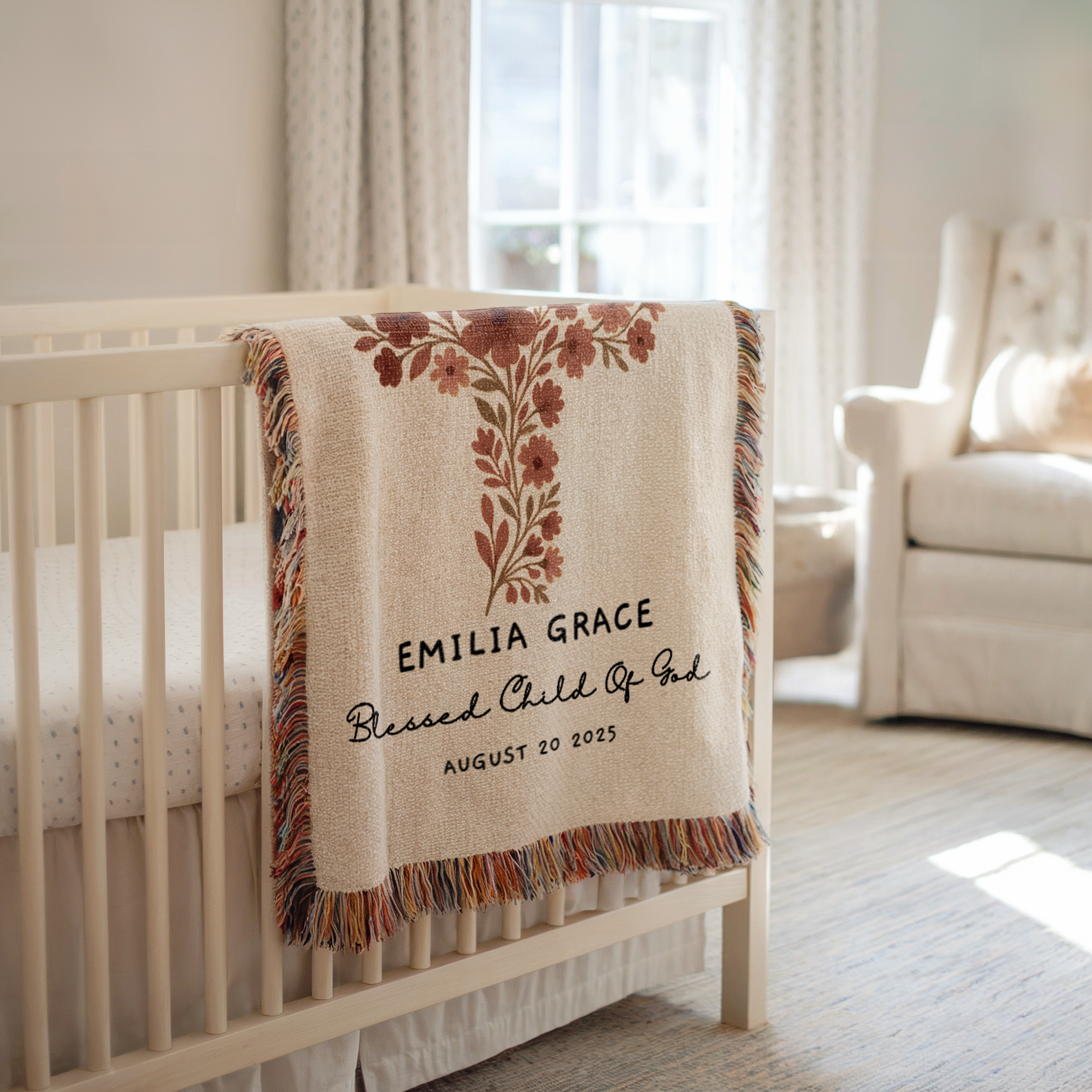 Personalized Baptism Woven Blanket | Custom Cross Floral Baby Keepsake