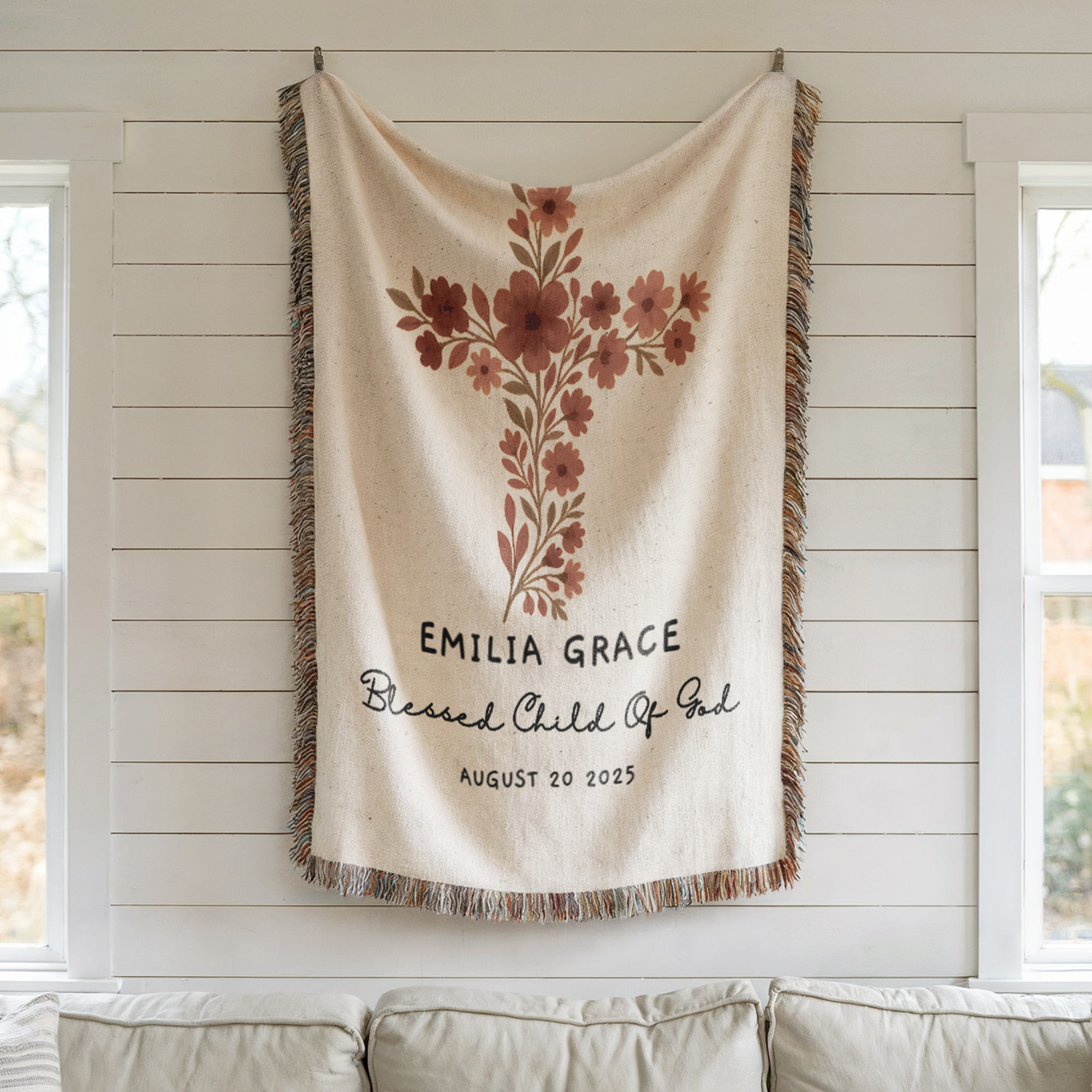 Personalized Baptism Woven Blanket | Custom Cross Floral Baby Keepsake