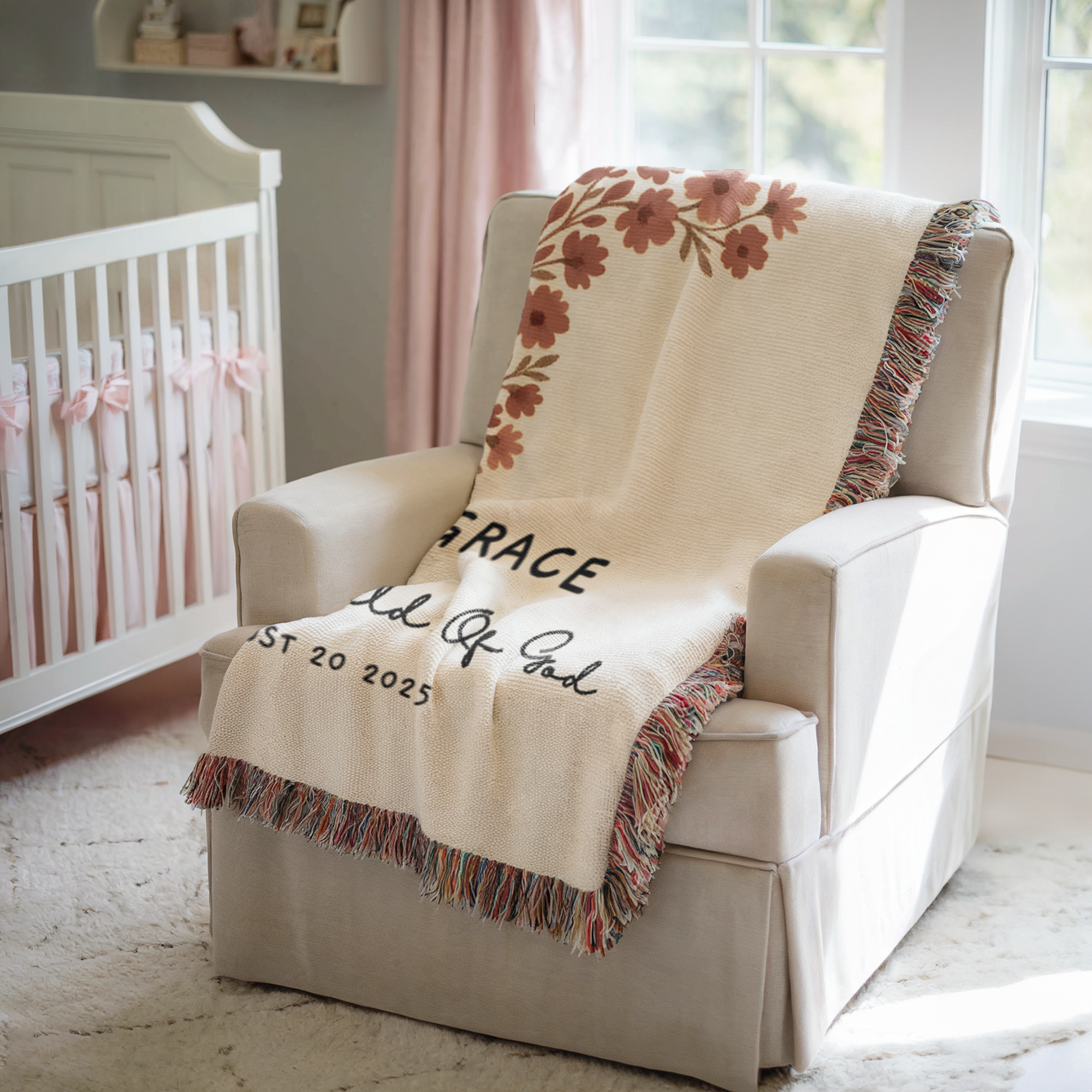 Personalized Baptism Woven Blanket | Custom Cross Floral Baby Keepsake