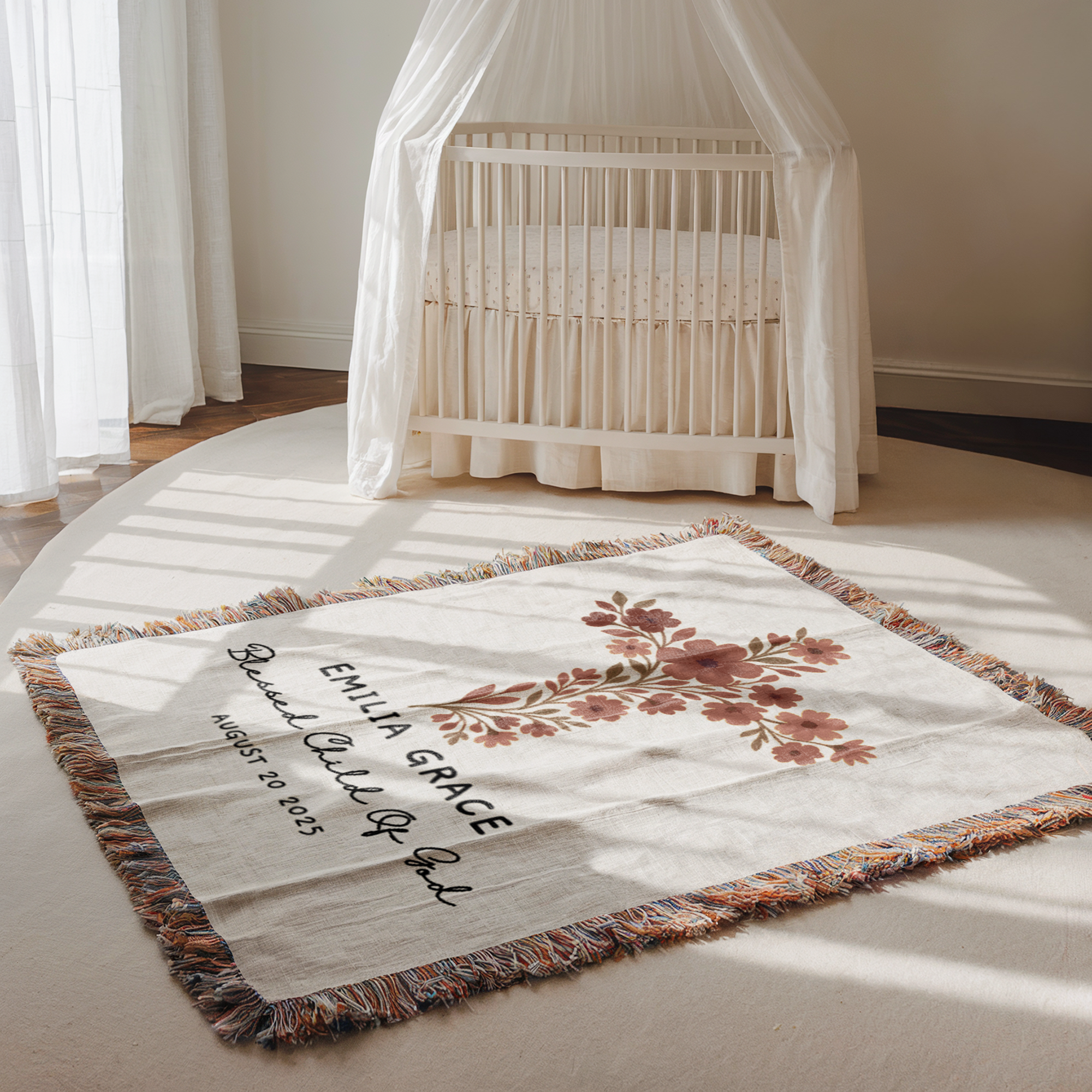 Personalized Baptism Woven Blanket | Custom Cross Floral Baby Keepsake