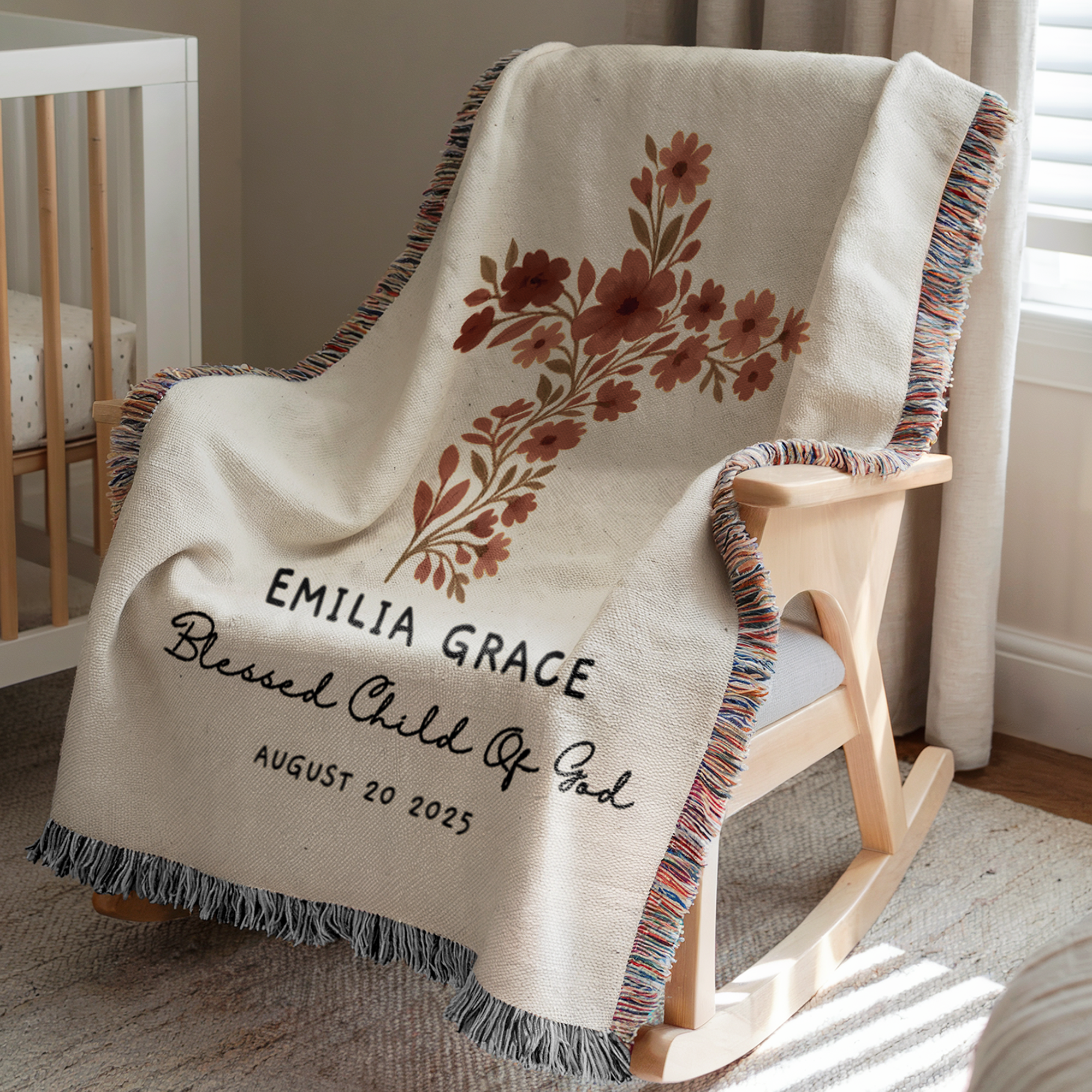 Personalized Baptism Woven Blanket | Custom Cross Floral Baby Keepsake