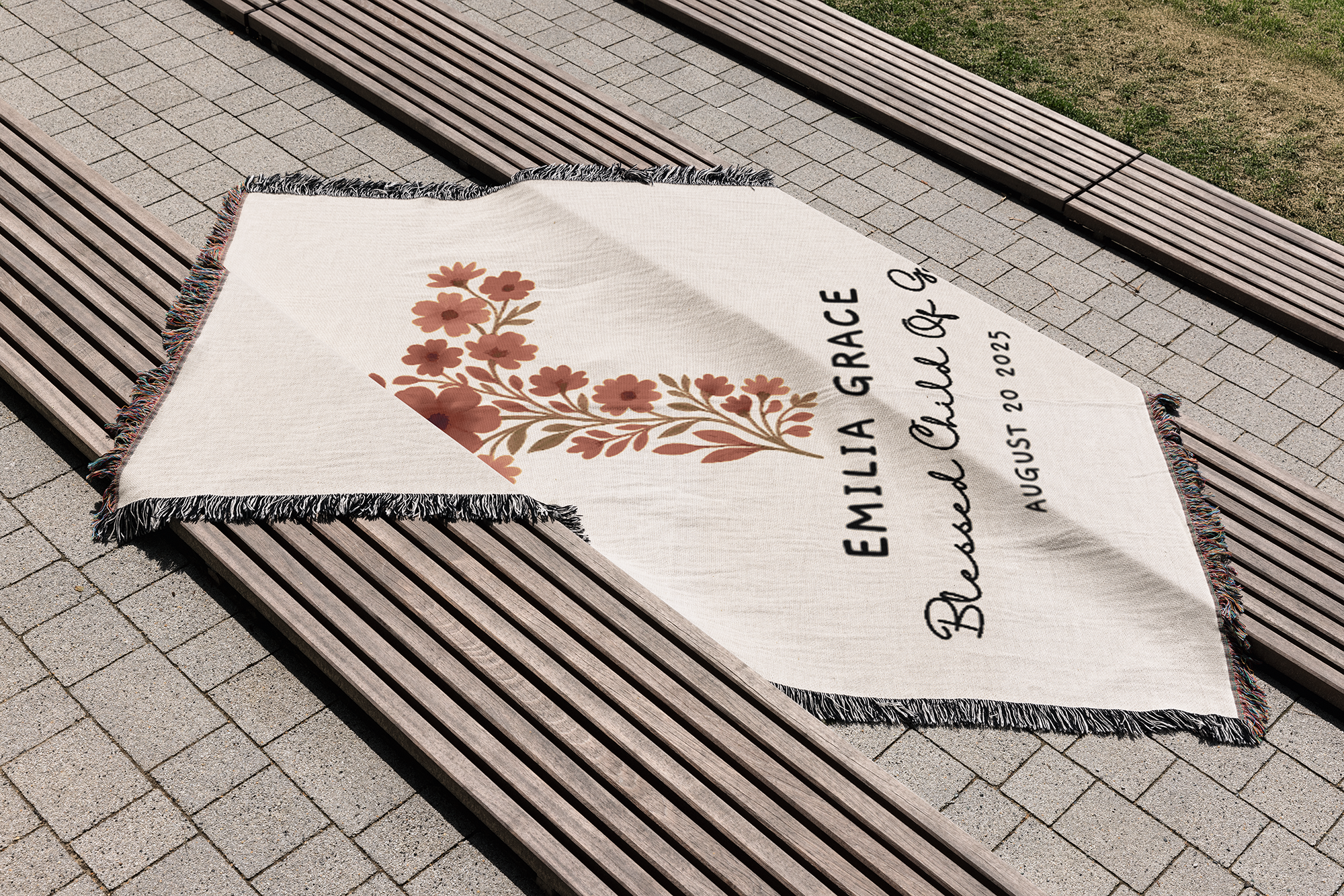 Personalized Baptism Woven Blanket | Custom Cross Floral Baby Keepsake