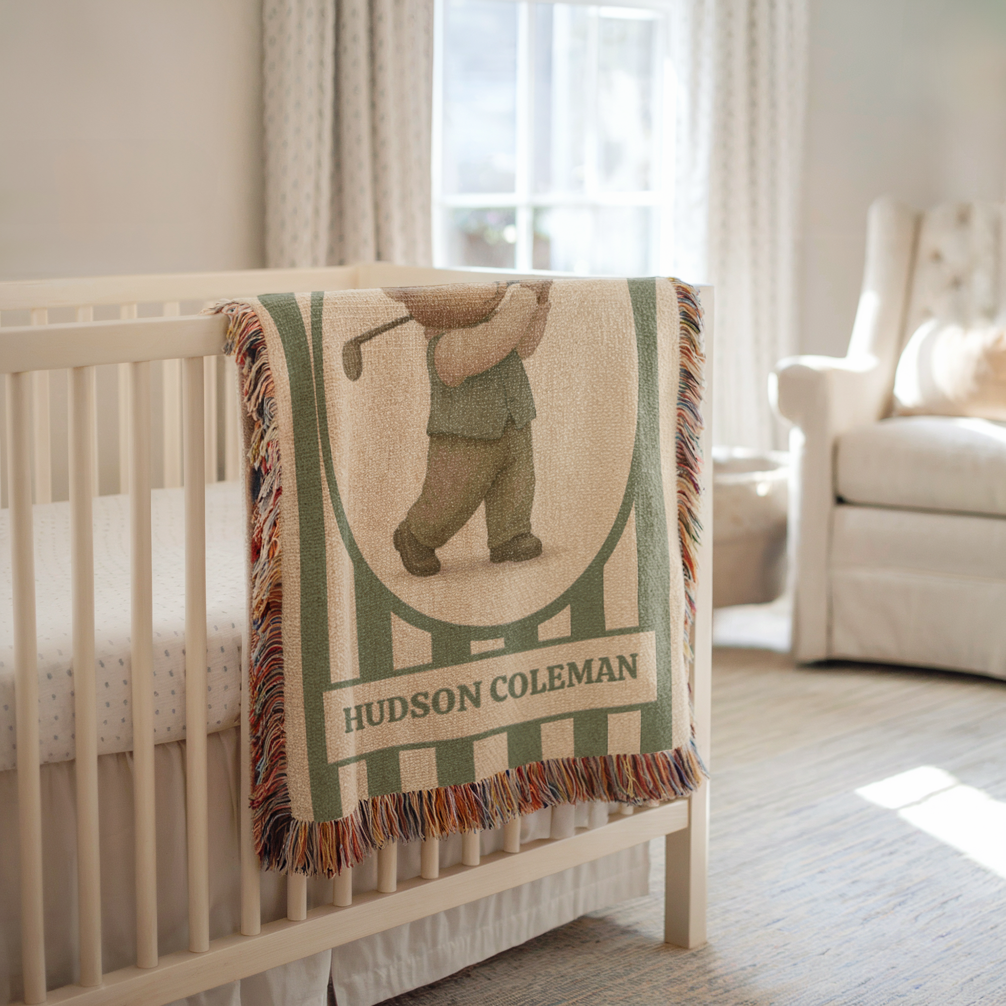 Personalized Golf Baby Blanket – Woven Teddy Bear Name Throw, Sage Preppy Nursery Decor, Little Golfer Gift